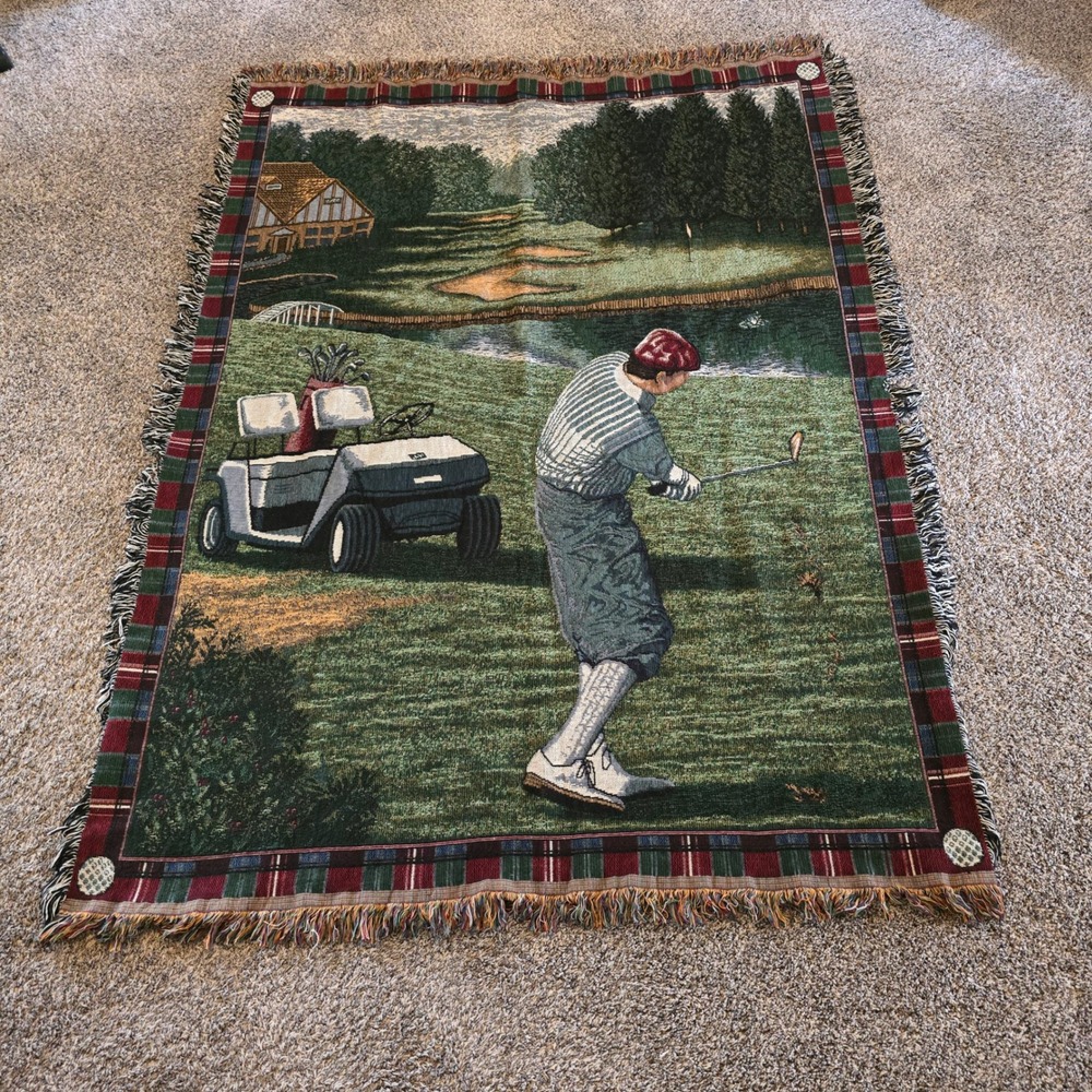 Vintage Golf Scenic Woven Tapestry Throw Blanket Unisex OS‎ Green Plaid
